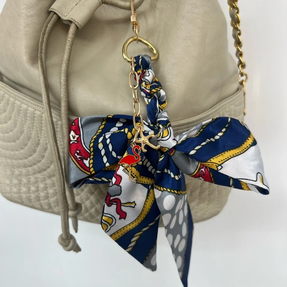 Nautical Polka Dot Bow Keychain Purse Charm with Charms star and flamingo